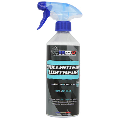 Le Brillanteur Lustreur Grizzly Wash Products® ravive et fait briller durablement les carénages.  Grâce à sa formule renforcée en additifs brillanteurs, il embellit et entretient durablement l'esthétique de votre moto ou de votre cycle (vélos, scooters, cyclomoteurs).  Compatible sur tous les supports peints ou non peints, le Brillanteur Lustreur préserve également les parties en caoutchouc du vieillissement et des fissures.