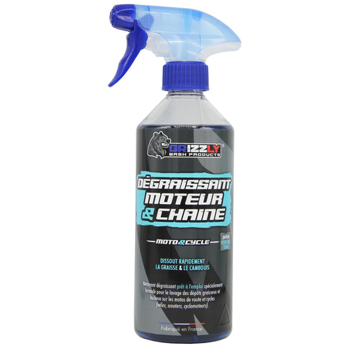 Le Dégraissant Moteur et Chaîne Moto & Cycle Grizzly Wash Products® désincruste et dissout rapidement les dépôts gras et huileux sur les motos de route (moteurs, chaînes, moyeux, jantes, etc.) et cycles.  Soluble à l'eau, il laisse après rinçage un support parfaitement dégraissé. 