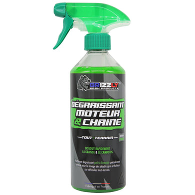 Le Dégraissant Moteur et Chaîne Tout-Terrain Grizzly Wash Products® désincruste et dissout rapidement les dépôts gras et huileux sur votre véhicule (moteur, chaîne, moyeux, jantes, etc.).  Soluble à l'eau, il laisse après rinçage un support parfaitement dégraissé. 