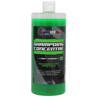 Le Shampoing Concentré Tout-Terrain Grizzly Wash Products® est une solution spécifiquement développée pour le lavage des engins tout-terrain tels que les motos, 4X4, quads, buggys, VTT, etc. Grâce à sa formule exclusive, il liquéfie rapidement la terre pour un nettoyage facile sans détériorer les pièces en aluminium anodisées ou non, les plastiques, les caoutchoucs et parties sensibles. Il laisse après séchage une finition brillante et une pellicule protectrice sur votre véhicule.