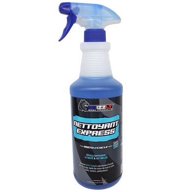 Le Nettoyant Express Grizzly Wash Products® est une solution prête à l'emploi spécialement développée pour le lavage des motos de route et cycles. Grâce à sa formule, il élimine le film routier et la saleté pour un nettoyage rapide sans détériorer les pièces en aluminium anodisées ou non, les plastiques, les caoutchoucs et autres éléments sensibles. Le Nettoyant Express laisse après rinçage une finition brillante et une pellicule protectrice sur votre véhicule.